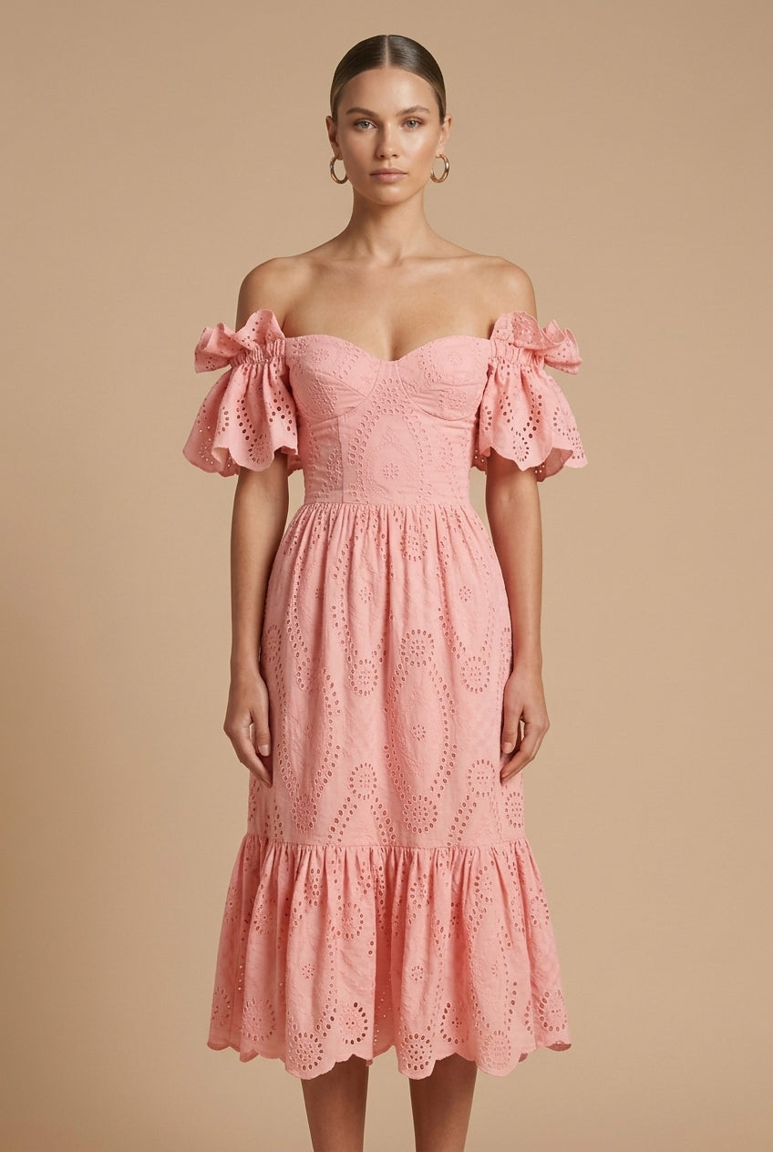 Women's Eyelet Midi Dress Off Shoulder Style For Wedding Guests And Occasions