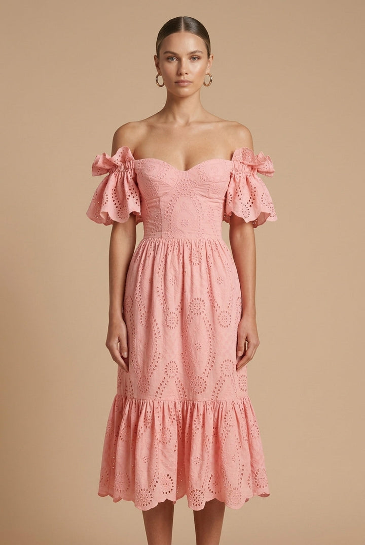 Women's Eyelet Midi Dress Off Shoulder Style For Wedding Guests And Occasions