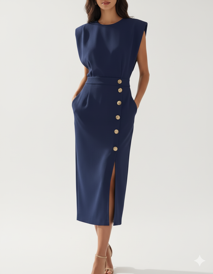 Navy Blue Midi Dress For Women, Tailored Fit With Button Front And Side Slit