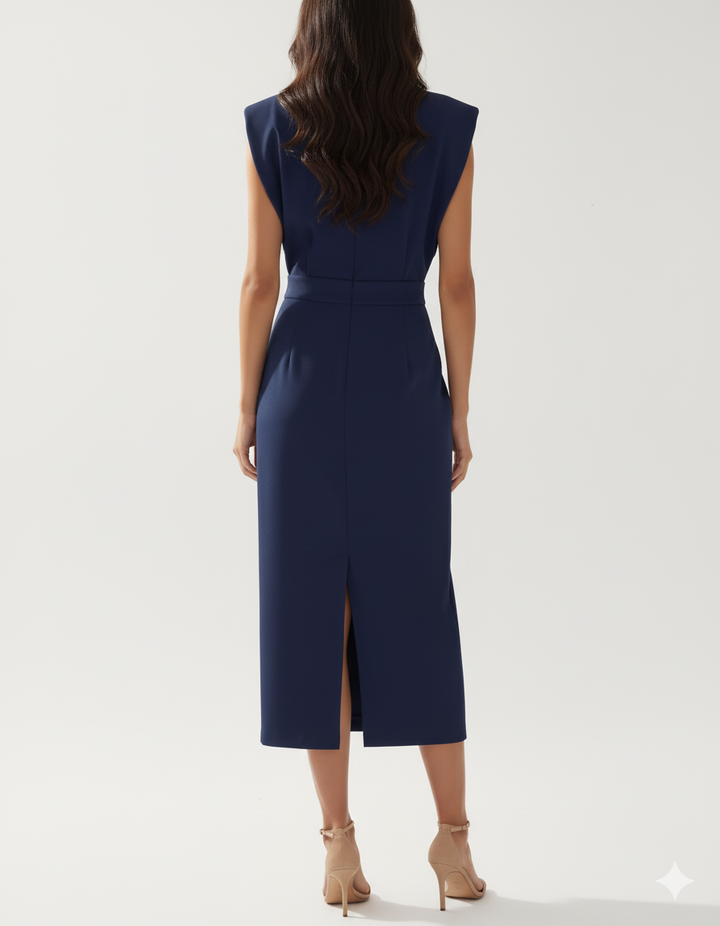 Navy Blue Midi Dress For Women, Tailored Fit With Button Front And Side Slit