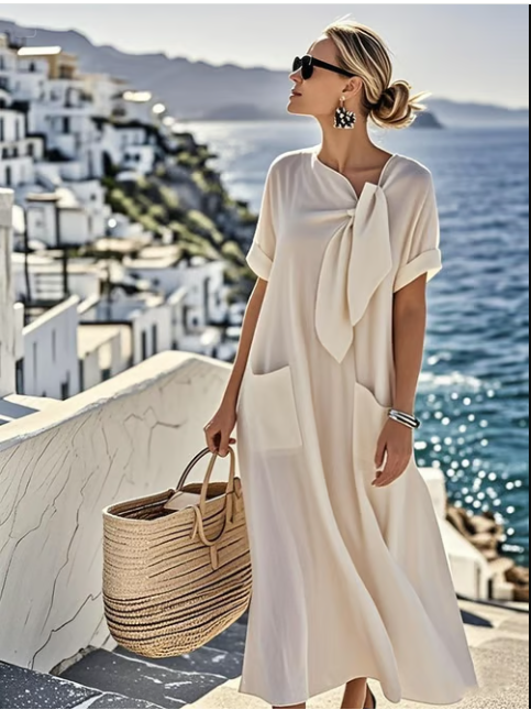 Aurelia Dress With Neck Tie Pockets Relaxed Fit Silhouette