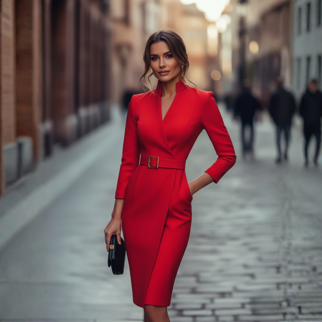 Women's Belted Midi Dress With Wrap Front And Classic Three Quarter Sleeves