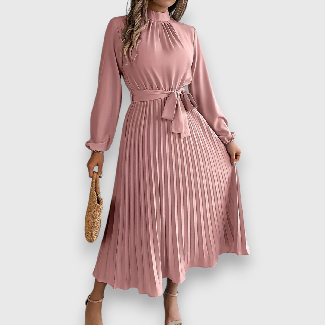 Nova Bloom Elegant Pleated Midi Dress, Classic Look