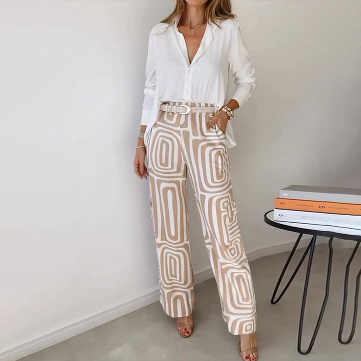 Nova Elegant Two Piece Set For Women With Flowing Shirt And Patterned Trousers