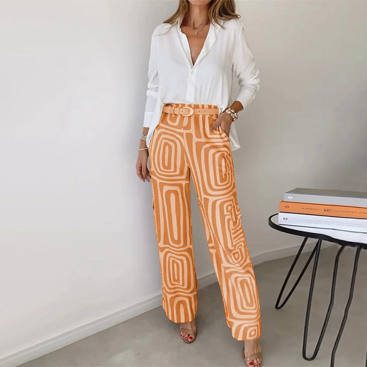 Nova Elegant Two Piece Set For Women With Flowing Shirt And Patterned Trousers