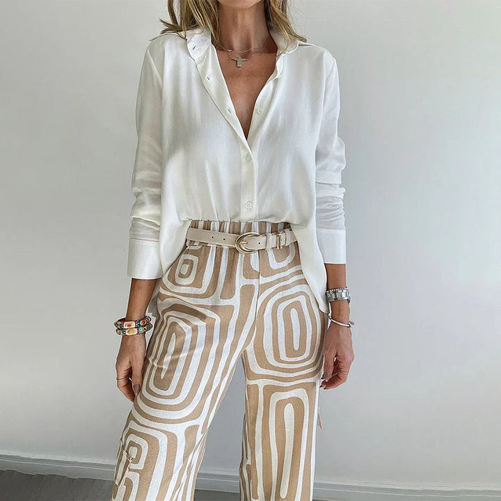 Nova Elegant Two Piece Set For Women With Flowing Shirt And Patterned Trousers