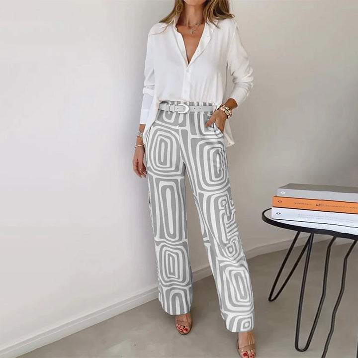 Nova Elegant Two Piece Set For Women With Flowing Shirt And Patterned Trousers