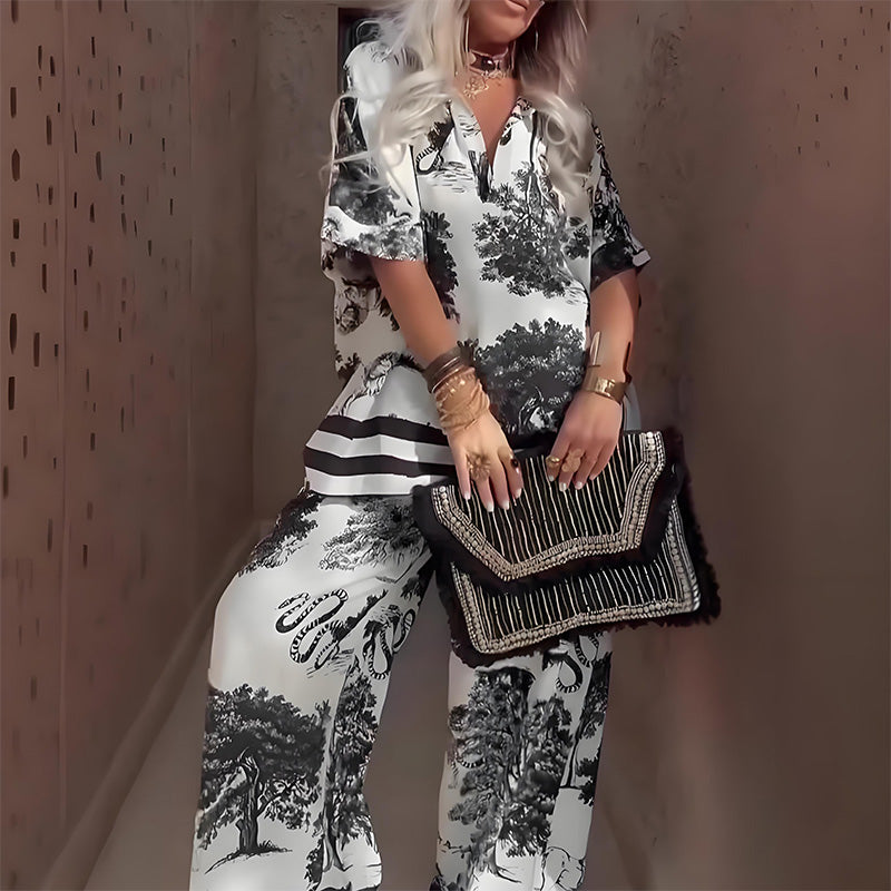 Nova Patterned V-Neck Top And Long Pants Set