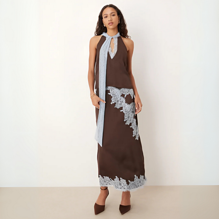 Astra Belle Elegant Lace Panel Top and Skirt Set for Feminine Style