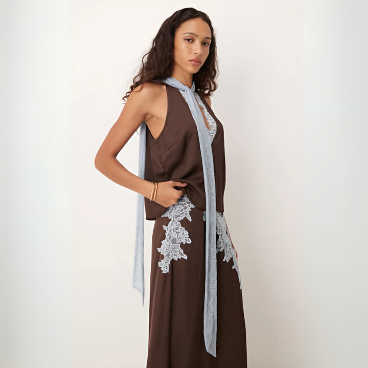 Astra Belle Elegant Lace Panel Top and Skirt Set for Feminine Style