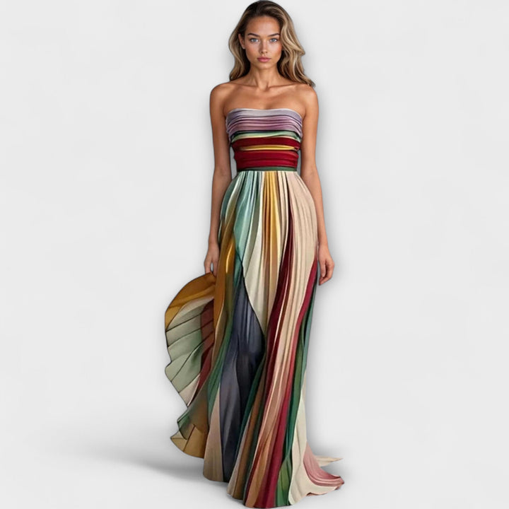 Astra Pleated Rainbow Strapless Dress for Summer Event