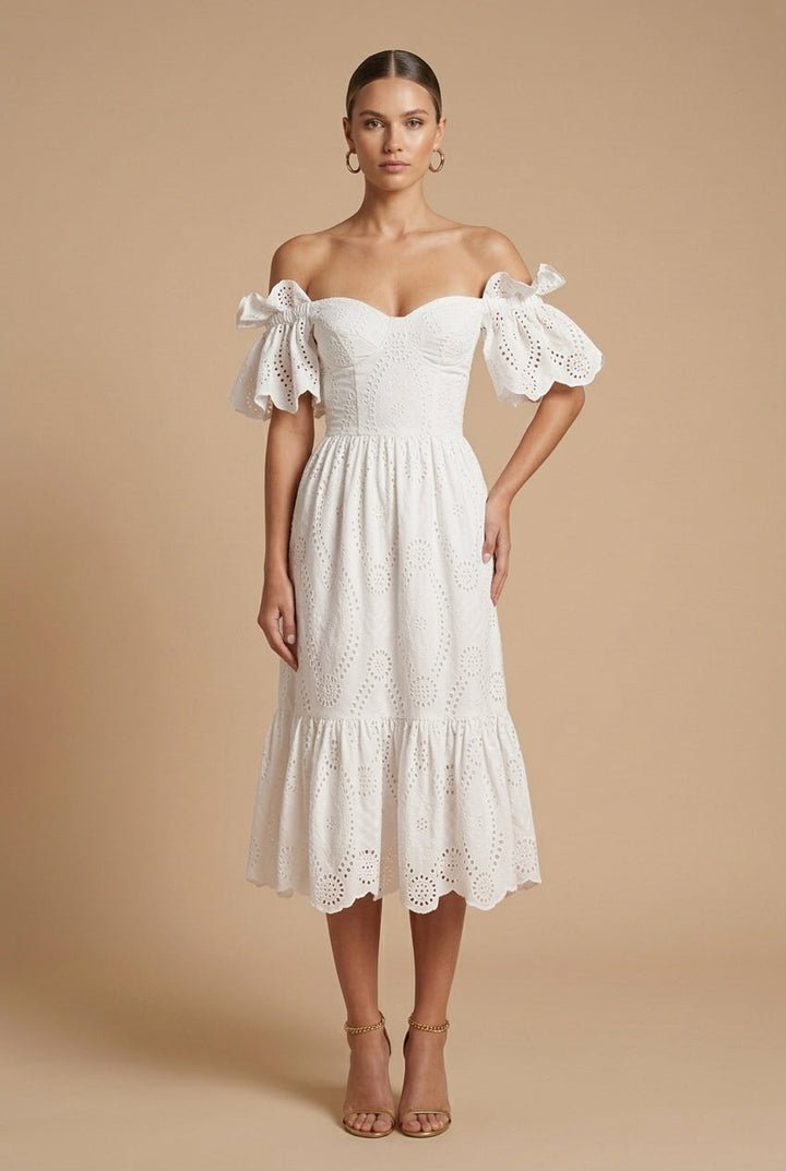 Women's Eyelet Midi Dress Off Shoulder Style For Wedding Guests And Occasions