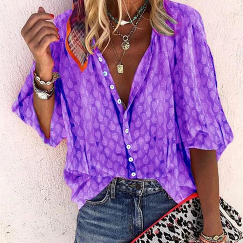Aurora Women Patterned Button Down Casual Summer Blouse