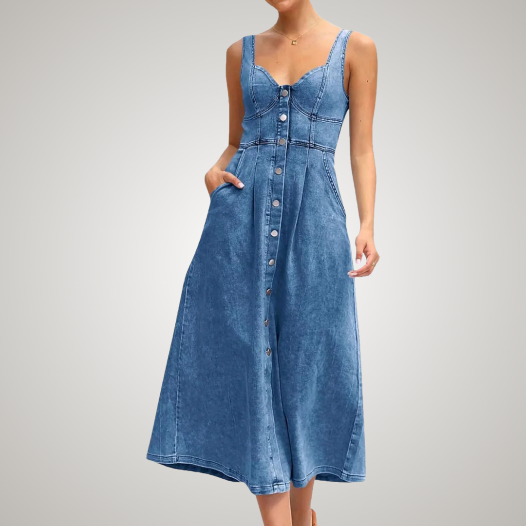 Nova Classic Sleeveless Button Front Denim Dress For Women