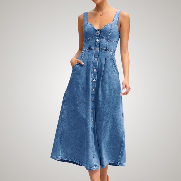 Nova Classic Sleeveless Button Front Denim Dress For Women