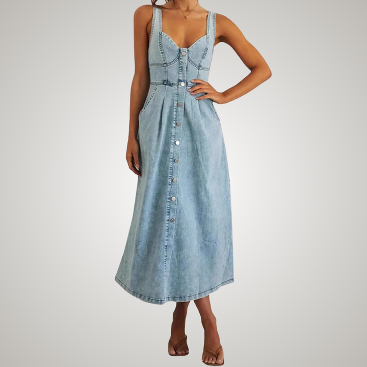 Nova Classic Sleeveless Button Front Denim Dress For Women