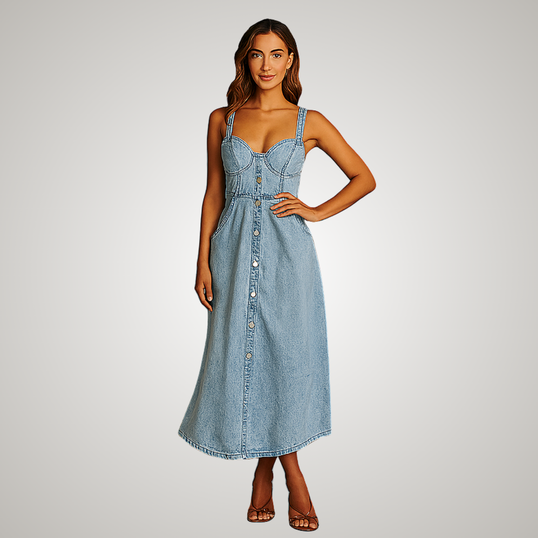 Nova Classic Sleeveless Button Front Denim Dress For Women